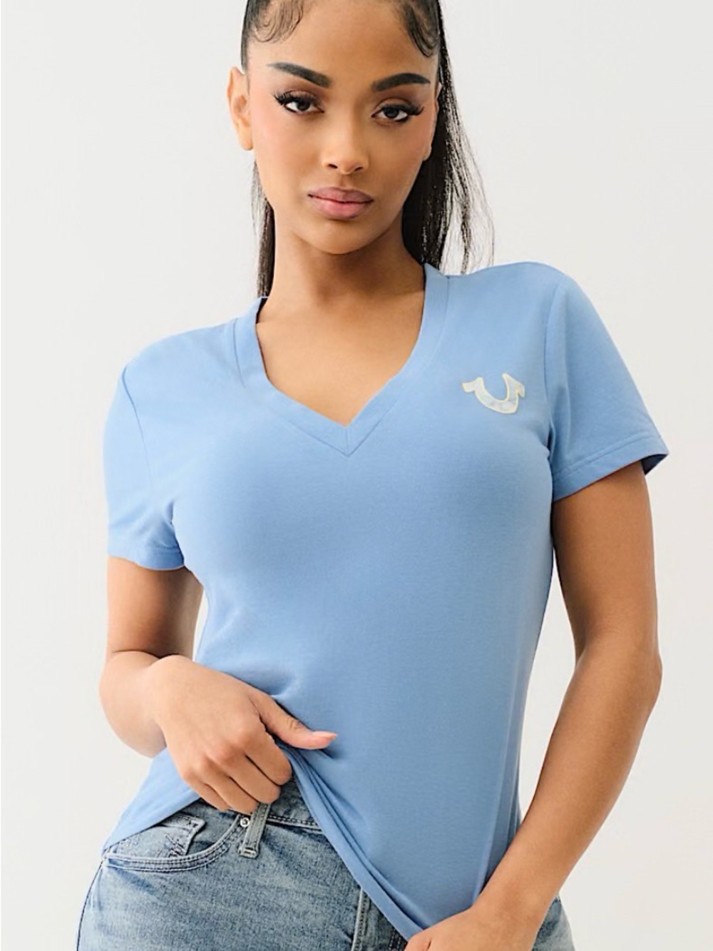 True Religion Women's Sky Blue V-Neck Short Sleeve Tee